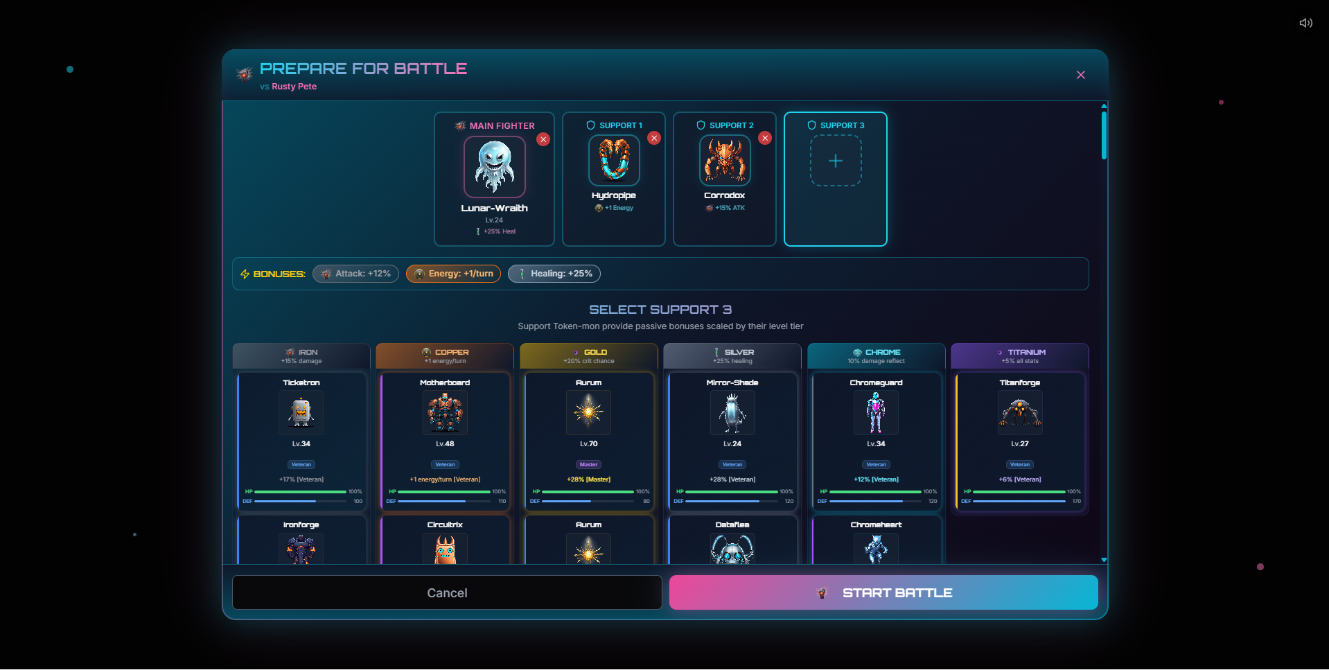 Arcade Beasts team building screen