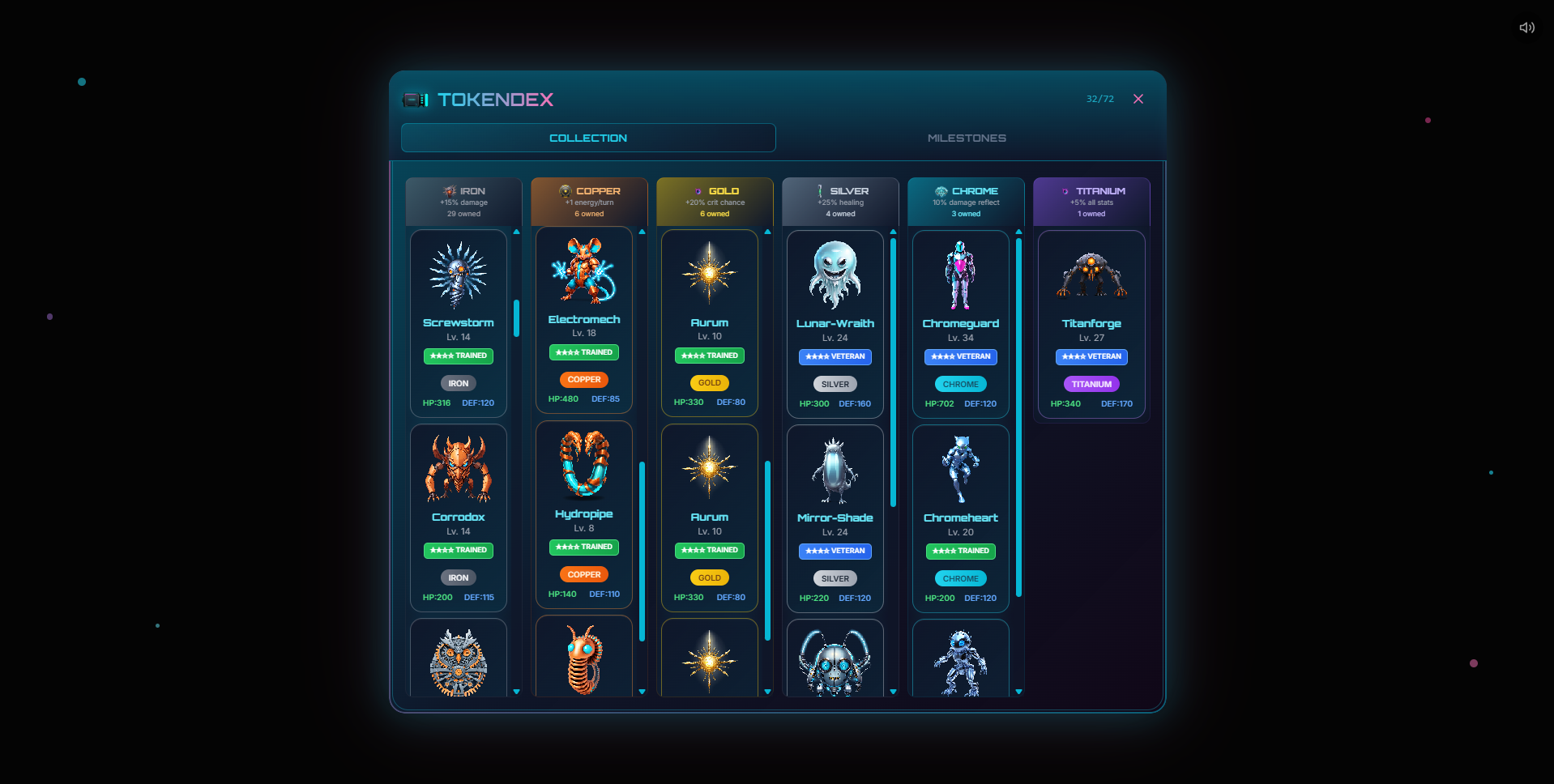 Arcade Beasts Tokendex showing collectible creatures